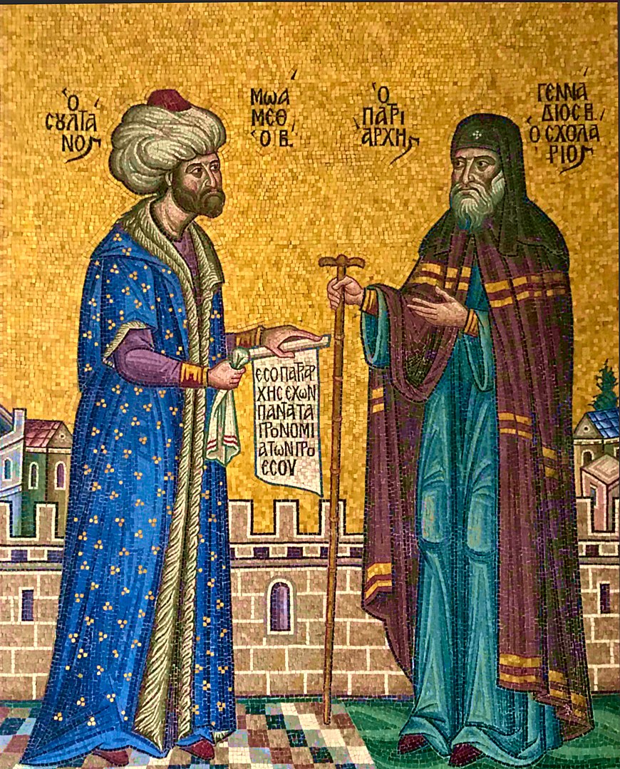 <p>Sultan Mehmet II and Patriarch Gennadios II Scholarios. Modern mosaic by Soterios Varvoglis in the Patriarchal palace of Istanbul (source: Wikimedia Commons)</p>