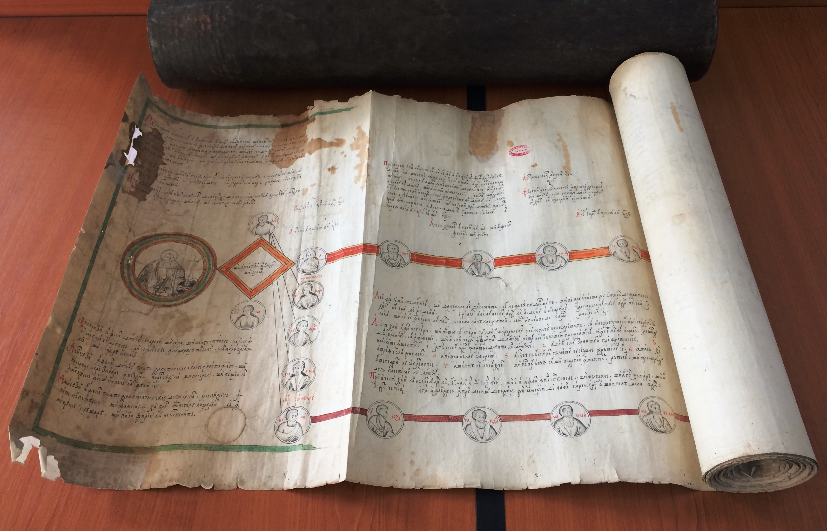 <p>Popa Flor, Genealogical Chronicle Roll of the Bible, mid-18th century, paper scroll, Library of the Romanian Academy, Bucharest, ms. rom. 5896 – incipit (source: Library of the Romanian Academy)</p>
