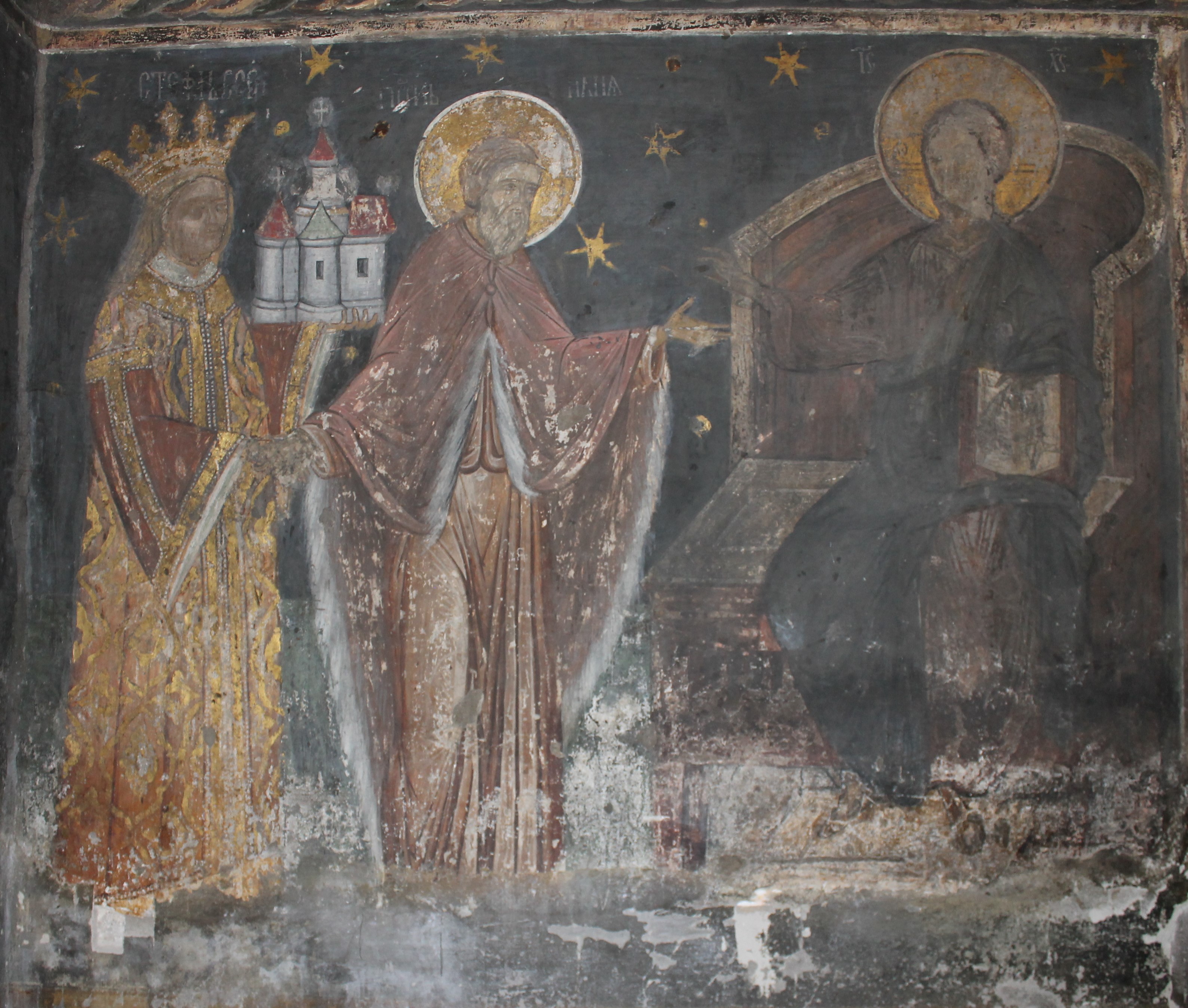 <p>The votive portrait of the voivode Stephen III, introduced before Christ by the Prophet Elijah, naos, western wall, the church of the Prophet Elijah, Suceava, Romania, post 1488 (source: A. Dumitrescu)</p>