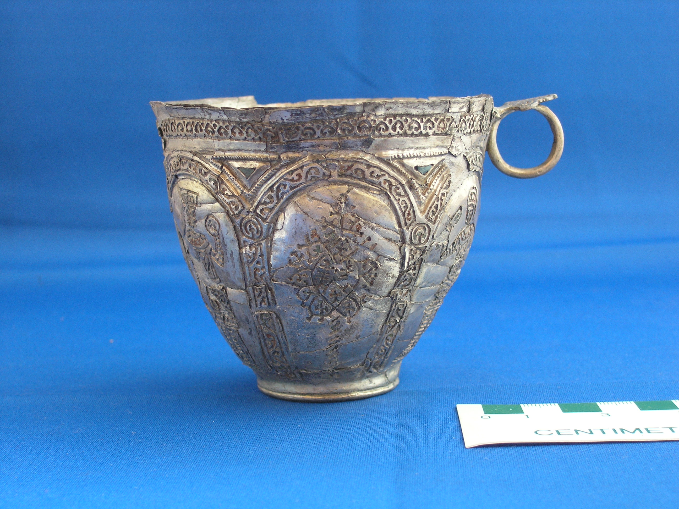 <p>The Byzantine enameled guilt belt cup, decorated with the motives of spring garden and dancing girls (restored). Institute of Archeology of Academy of Sciences of Ukraine. (source: Y. Rassamakin)</p>