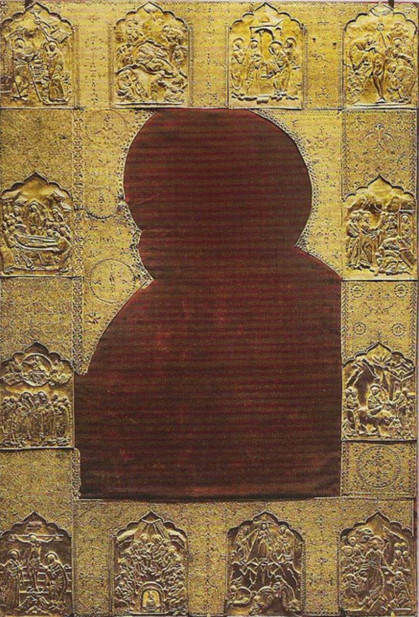 <p>The <em>oklad </em>for the Virgin of Vladimir icon created in the 15th century (source: Wikimedia Commons)</p>