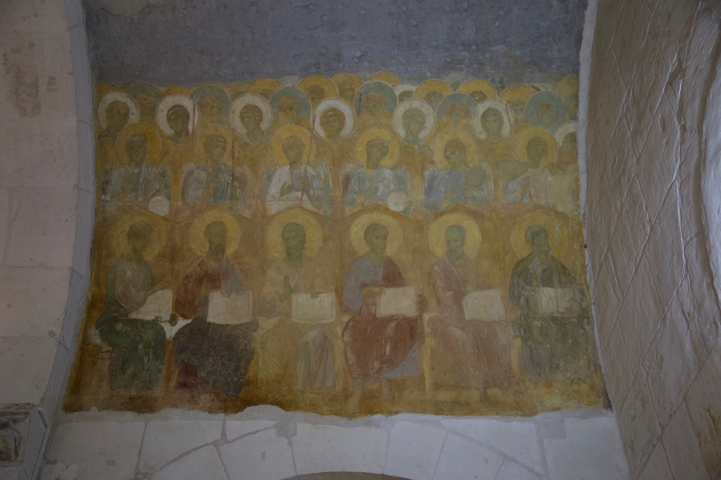 <p>Interior view of large vault beneath west gallery, Apostles and angels, Cathedral of St. Demetrios, 1193-97, Vladimir (source: J. Willson)</p>