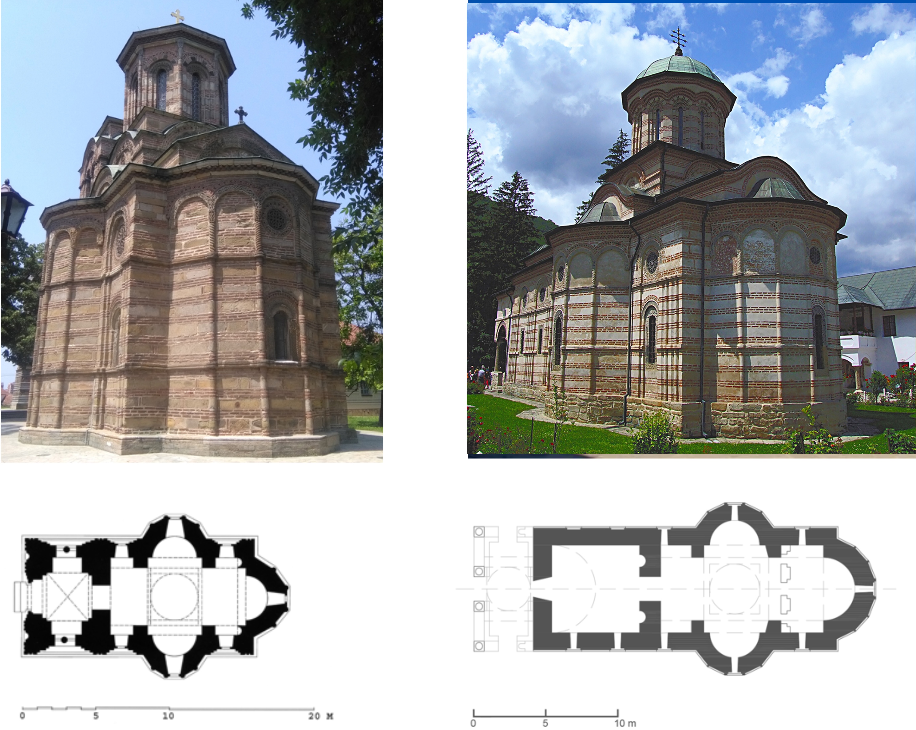 <p>Comparative analysis of typical examples of triconch churches in Serbia and Wallachia: A The Church of the Holy Protomartyr Stephen (Lazarica), Serbia, ca. 1375&ndash;78, exterior view and floor plan; B The Holy Trinity Church at Cozia Monastery, Wallachia, ca. 1387&ndash;91,&nbsp;exterior view and floor plan (source: Courtesy Ivan Krstić; Drawing: Jelena Bogdanović; B Photo: Christian Chirita; Drawing: Tianling (Rusty) Xu)&nbsp;</p>