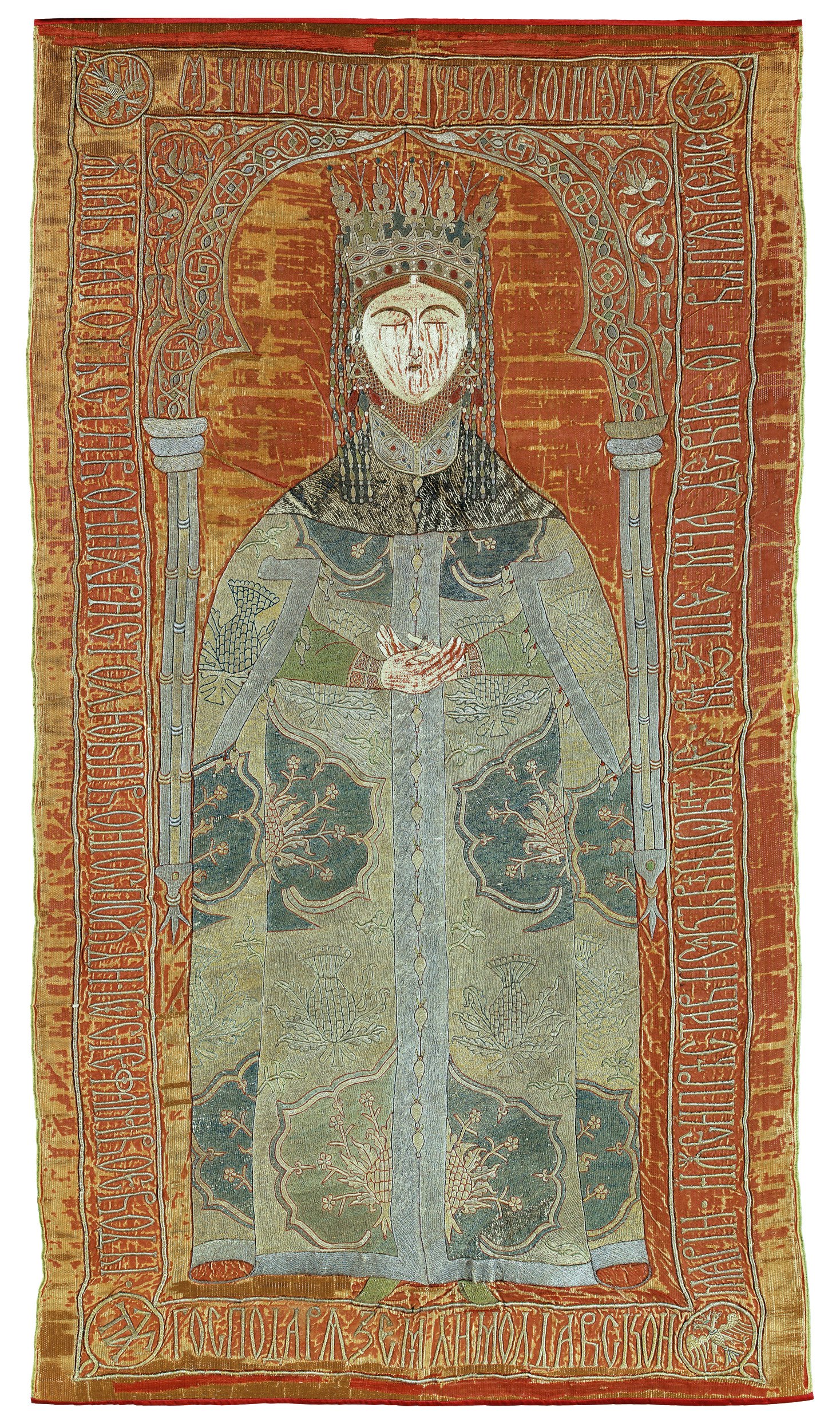 <p>Burial cover of Maria of Mangup, ca. 1477, embroidery with gold and silver thread and colored silk on a red satin foundation, Collection of Putna Monastery (source: Putna Monastery)</p>