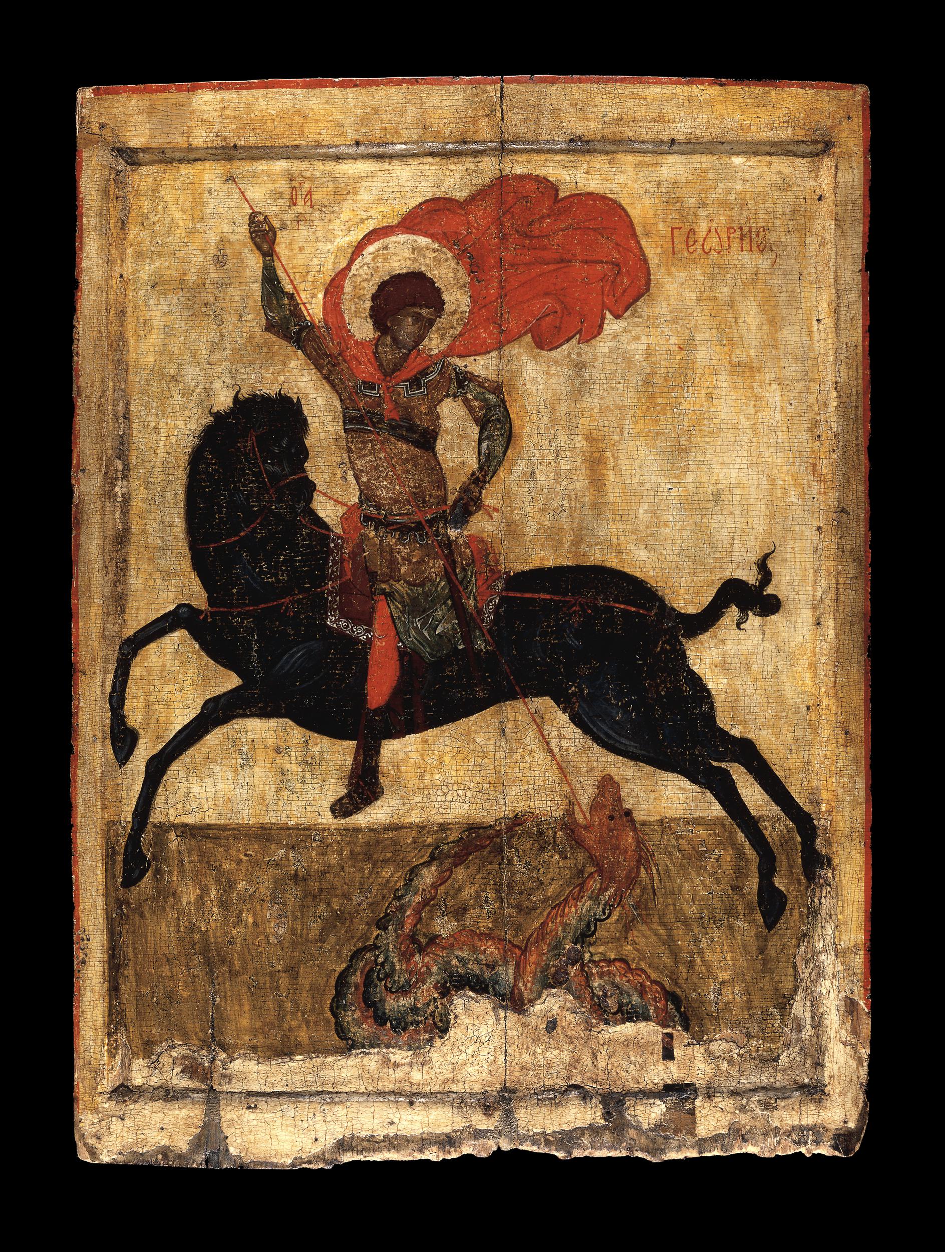 <p>Icon of St. George and the Dragon 1400–50 Wood, gesso, gold Novgorod © The Trustees of the British Museum</p>