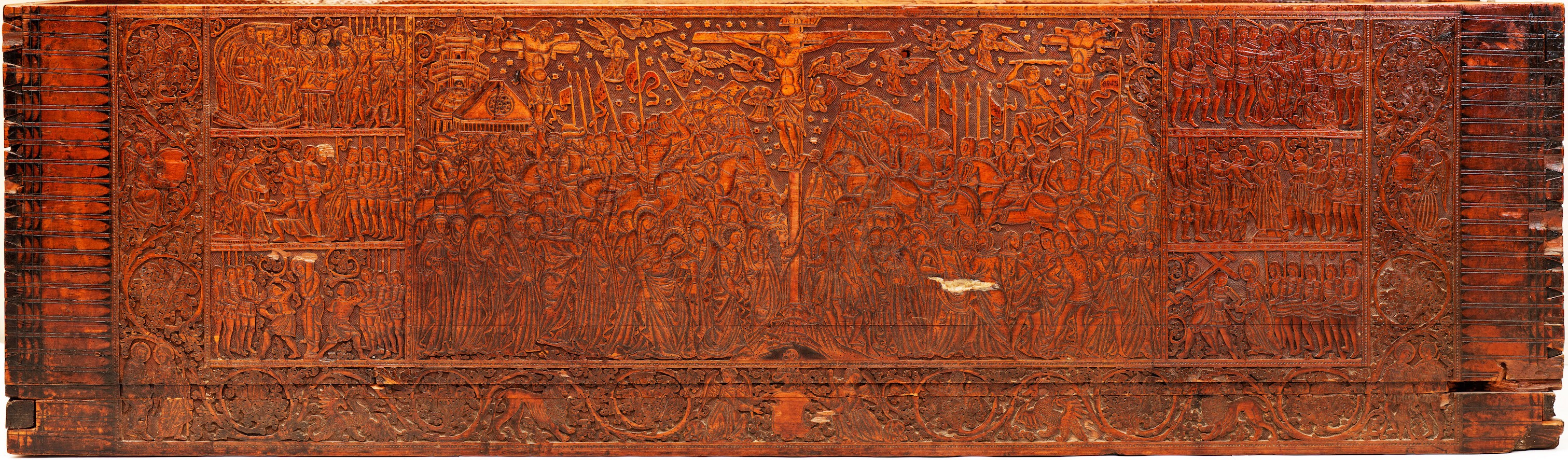 <p>Detail of the front panel with the Crucifixion, Wooden Sacristy Chest, ca. 1450, carved, stamped, and punched cypress with ink drawing, likely of Italian origin, Collection of Putna Monastery, Romania (source: Putna Monastery)</p>