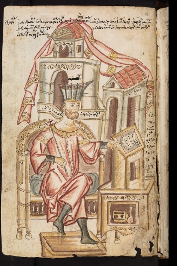 <p>John Argyropoulos teaching at the Xenon of the Kral, Oxon. Barocci. gr. 87, fol. 33v, 15th century (source: Bodleian Library, Oxford)</p>