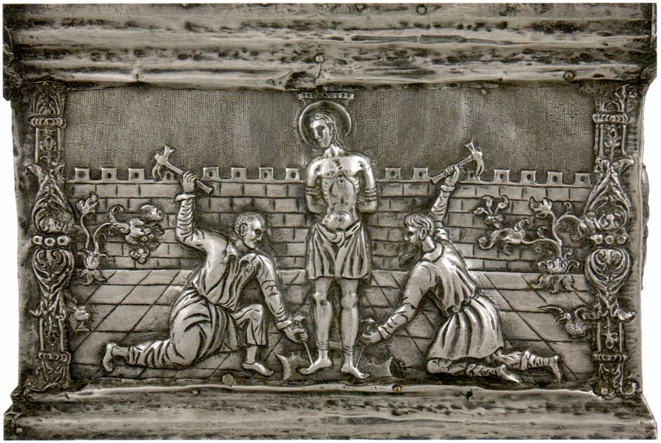 <p>Detail of St. Tryphon tied to a column, Reliquary Casket of St. Tryphon, ca. 1539, Cathedral of St. Tryphon, Kotor (source: Tomić, Zagovori svetom Tripunu)</p>