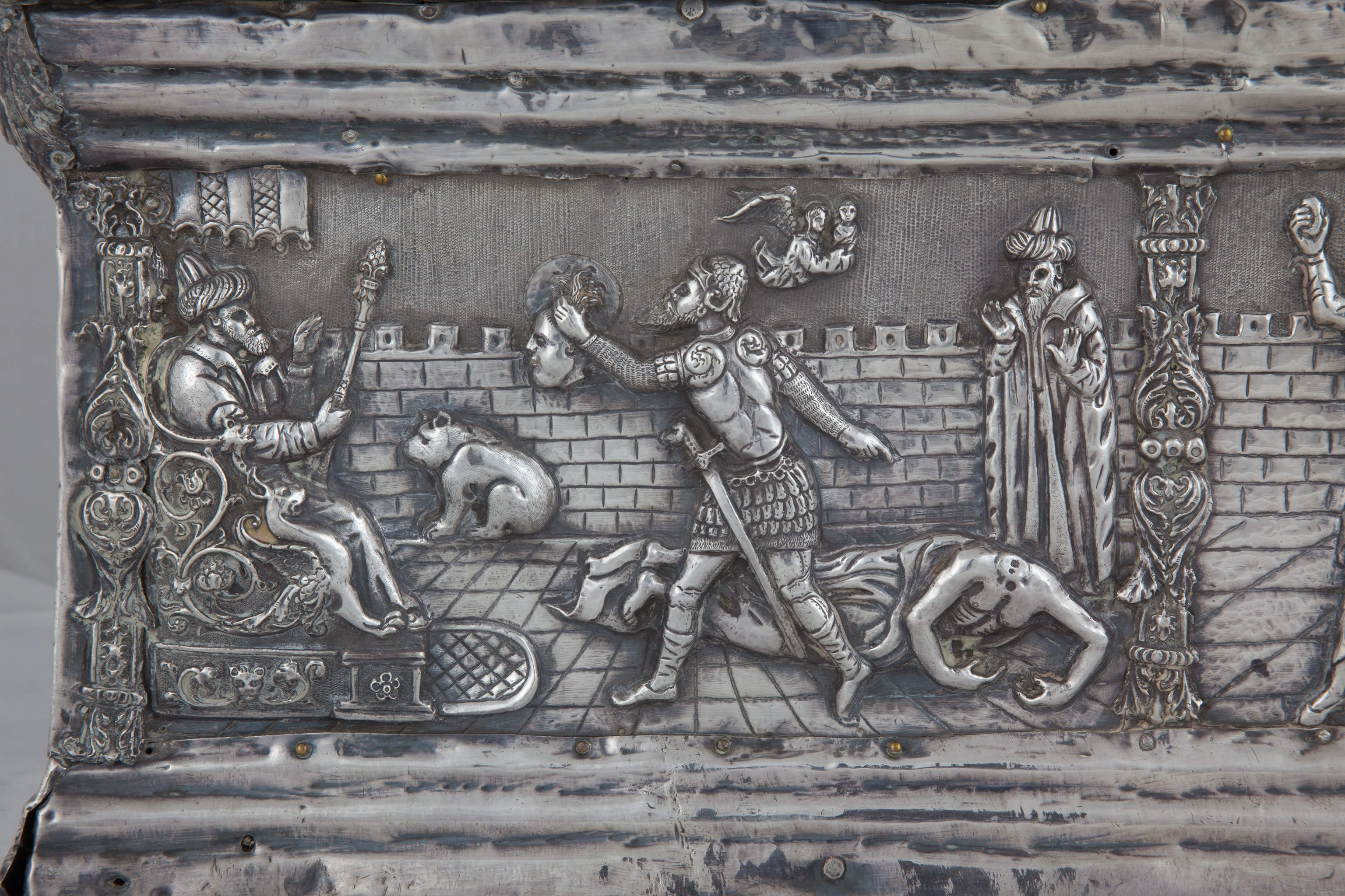 <p>Detail of the Beheading of St. Tryphon, Reliquary Casket of St. Tryphon, ca. 1539, Cathedral of St. Tryphon, Kotor (source: S. Kordić)</p>
