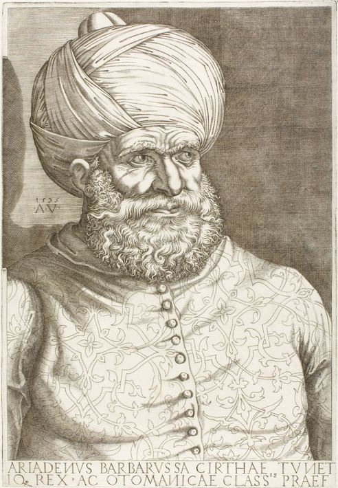<p>Agostino Veneziano, Portrait of Hayreddin Barbarossa, 1535, engraving, Rijksmuseum (source: Wikimedia)</p>