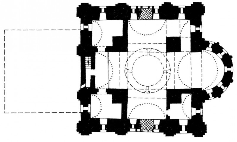<p>Plan at the gallery level, Church of the Transfiguration of Our Savior on Ilyina Street, 1374, Veliky Novgorod (source: Pravoslavnyĭ Svi͡ato-Tikhonovskiĭ Gumanitarnyĭ Universitet)</p>
