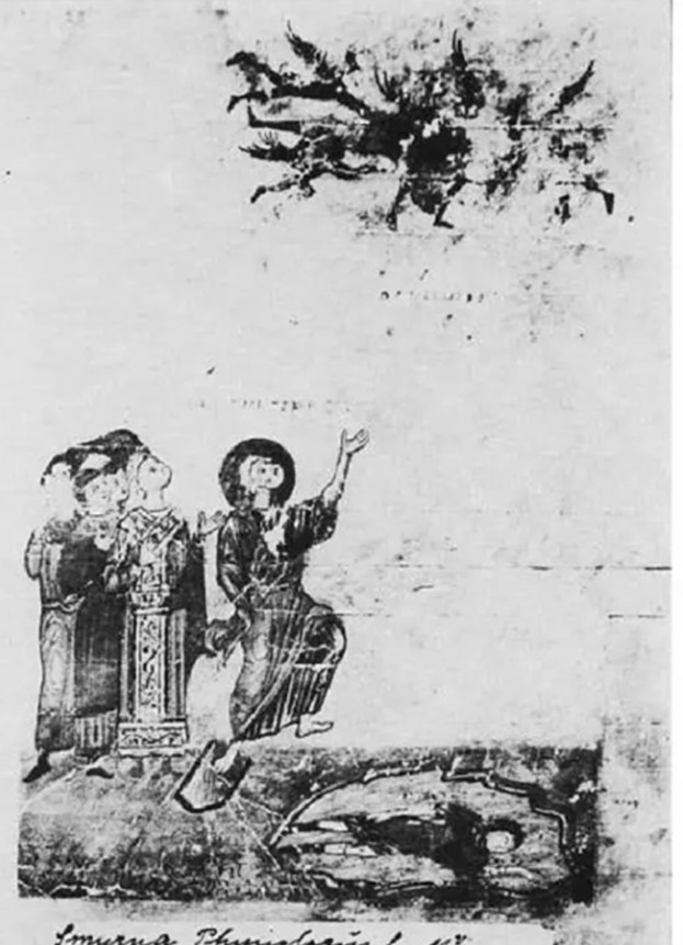 <p>The Fall of Simon Magus, Library of the Evangelical School of Smyrna, codex Smyrna Physiologus B.8, fol. 17, miniature, 11th century&nbsp;(source: Bernab&ograve;, Massimo. Il Fisiologo di Smirne. Le miniature del perduto codice B.8 della Biblioteca della Scuola Evangelica di Smirne. Florence, 1998. Fig. 11)</p>