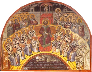 <p>The First Ecumenical Council, mural, narthex of katholikon, 1545, Stavronikita Monastery, Mount Athos (source: Wikimedia Commons)</p>