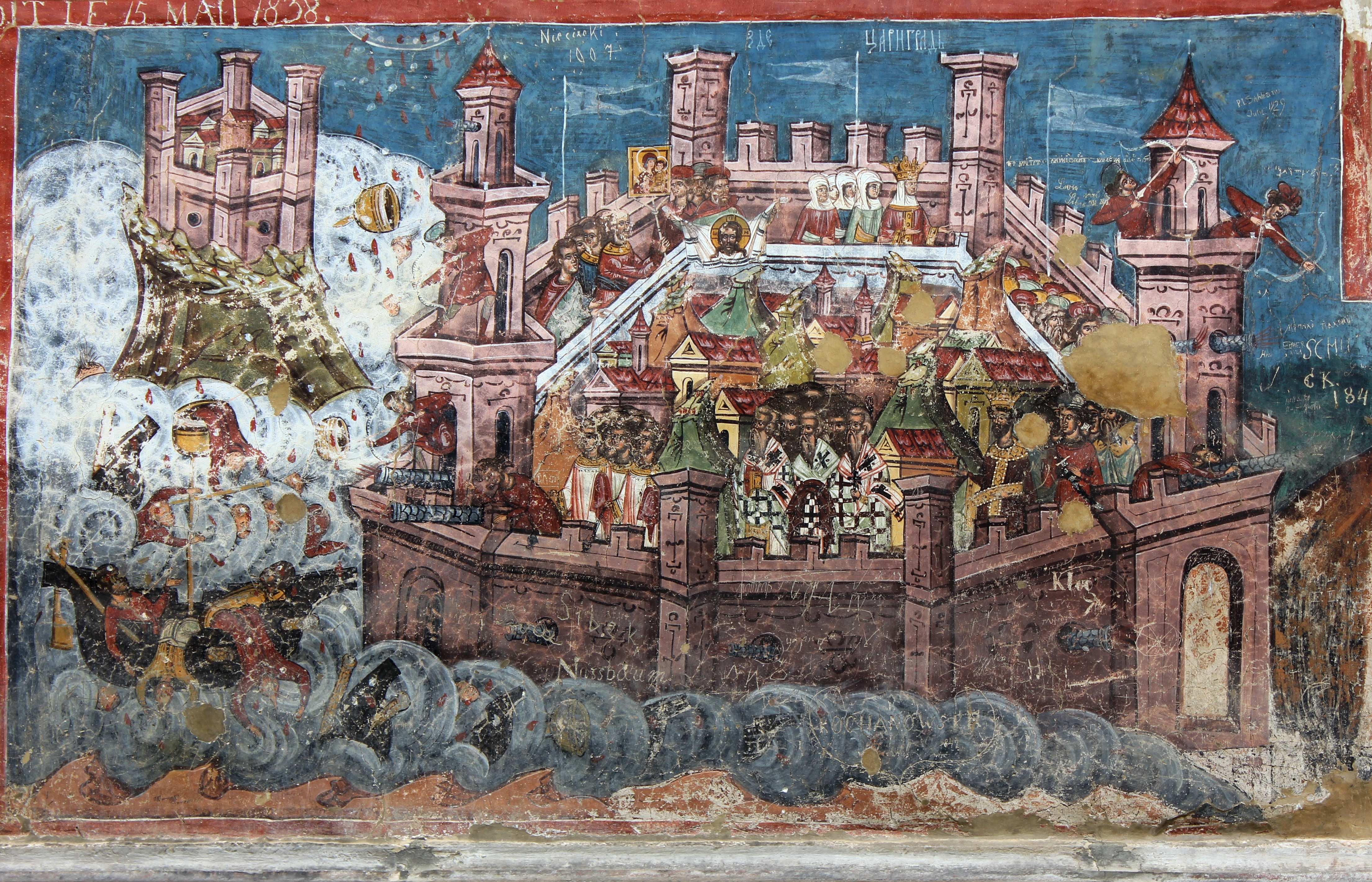 <p>Detail of the Siege of Constantinople, mural, painted 1537, south wall, Church of the Annunciation, Moldovița Monastery, Romania (source: A. I. Sullivan)</p>