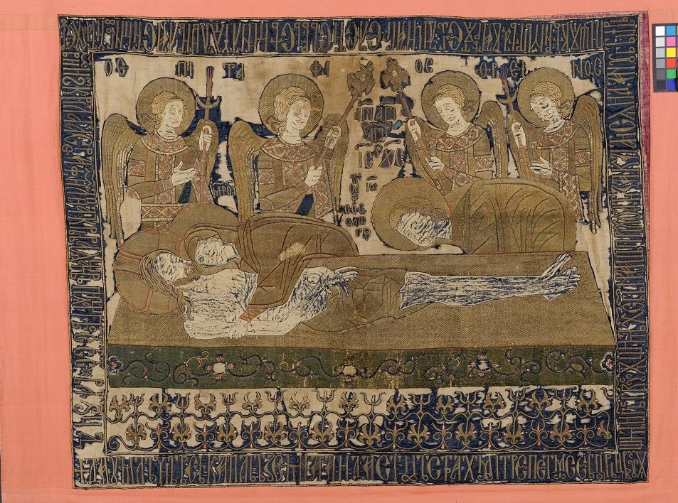 <p>Epitaphios, 1396, embroidery, Cozia Monastery, Romania, now in the National Museum of Art of Romania (MNAR), Bucharest (source: MNAR)</p>