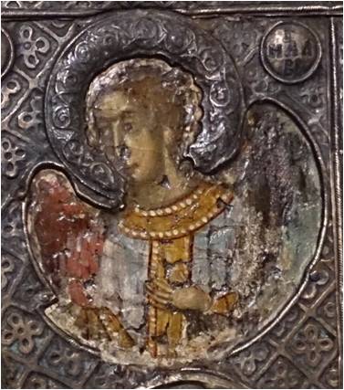 <p>Icon of the Virgin Psychosostria (no. 10), detail of the angel, 1300-20, Ohrid Gallery of Icons</p>