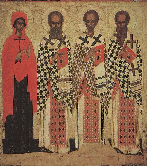<p>Three hierarchs and Paraskeva, Pskov, 1440s&ndash;1450s (source: State Tretyakov Gallery)</p>