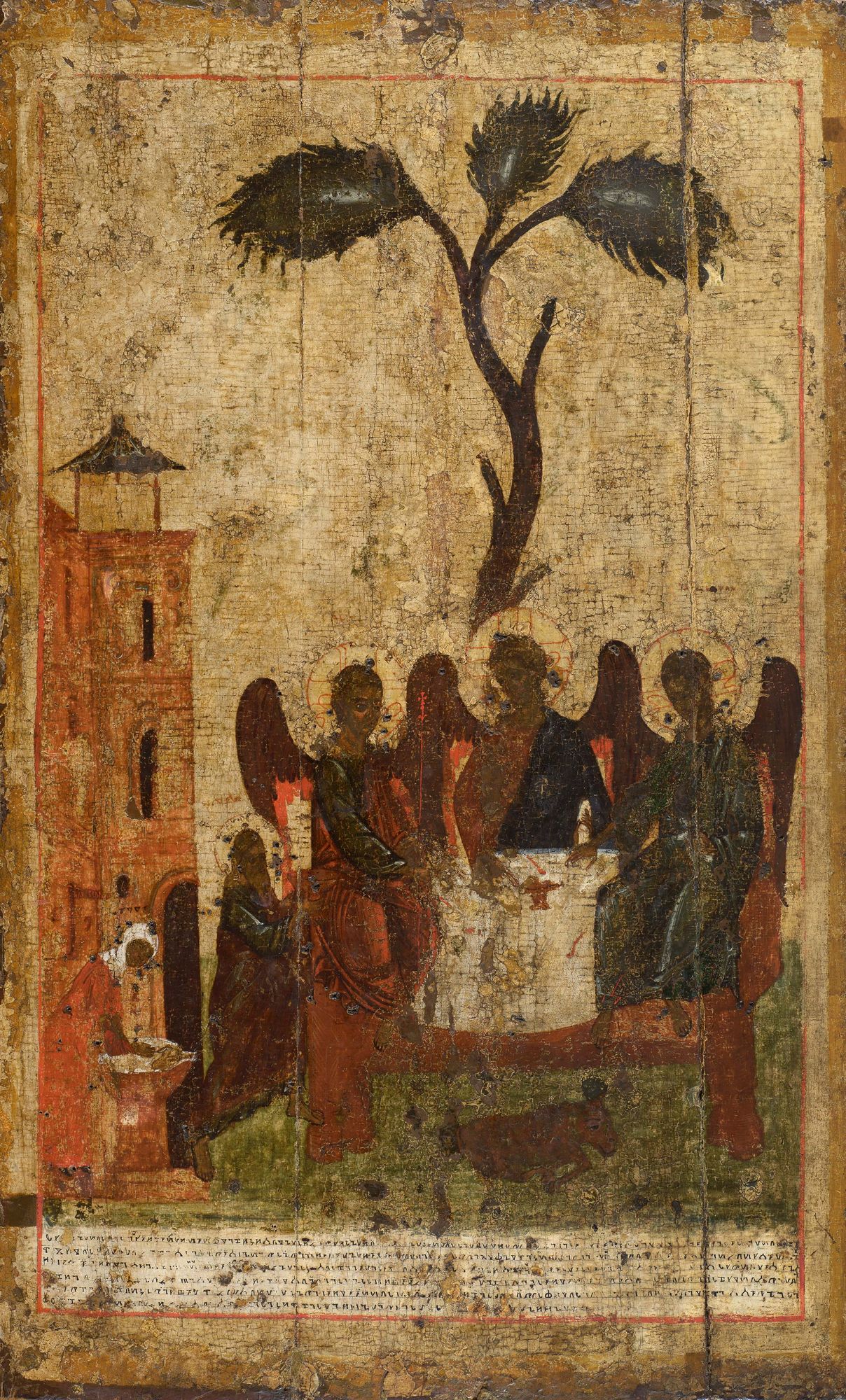 <p>Zyrianskaia Trinity Icon, 119.3 x 73.7 cm, late 14th century, Vologda State Museum Reserve, inv. no. 2780</p>